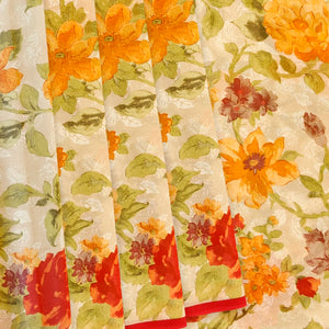 Cream Georgette Printed Silk Saree With Floral Motifs-Cream