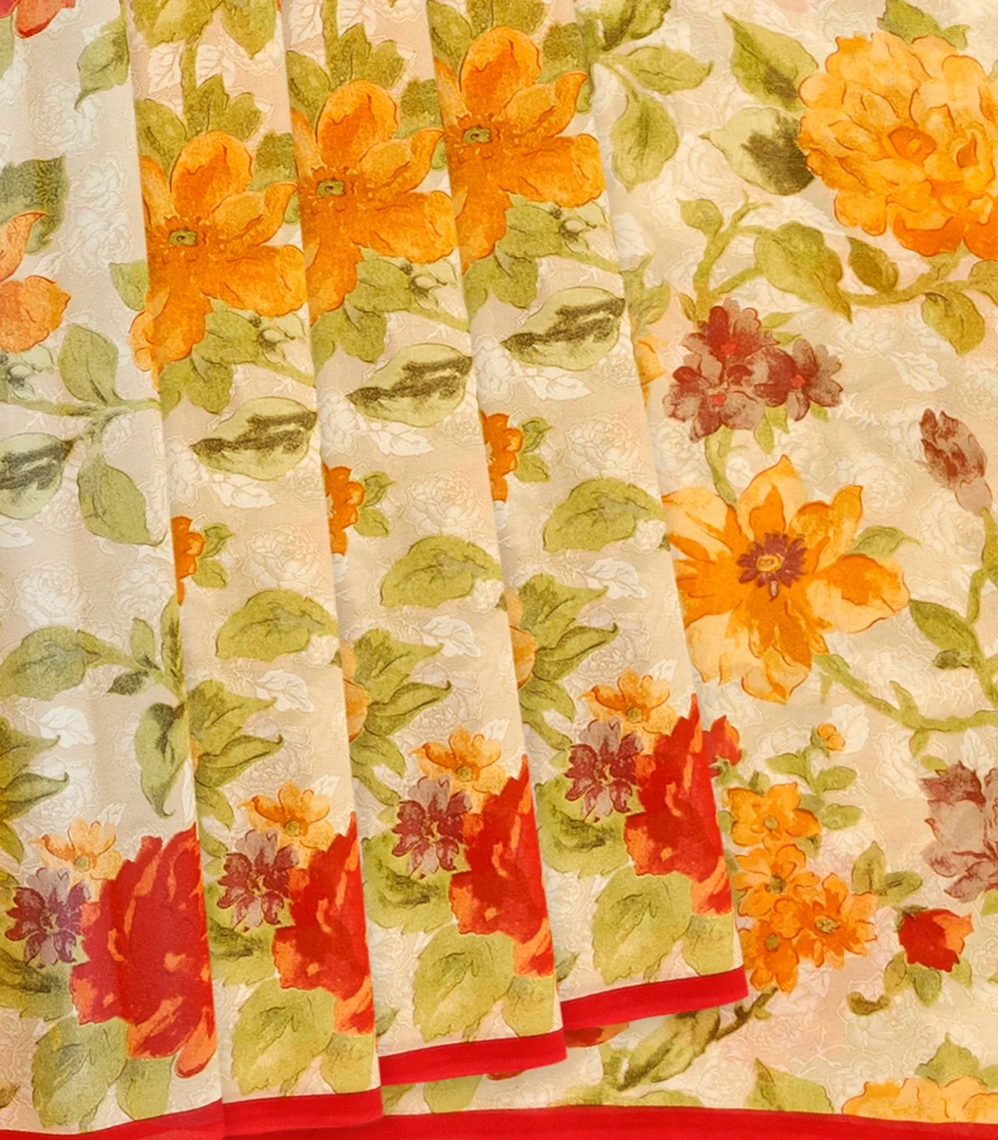 Cream Georgette Printed Silk Saree With Floral Motifs-Cream