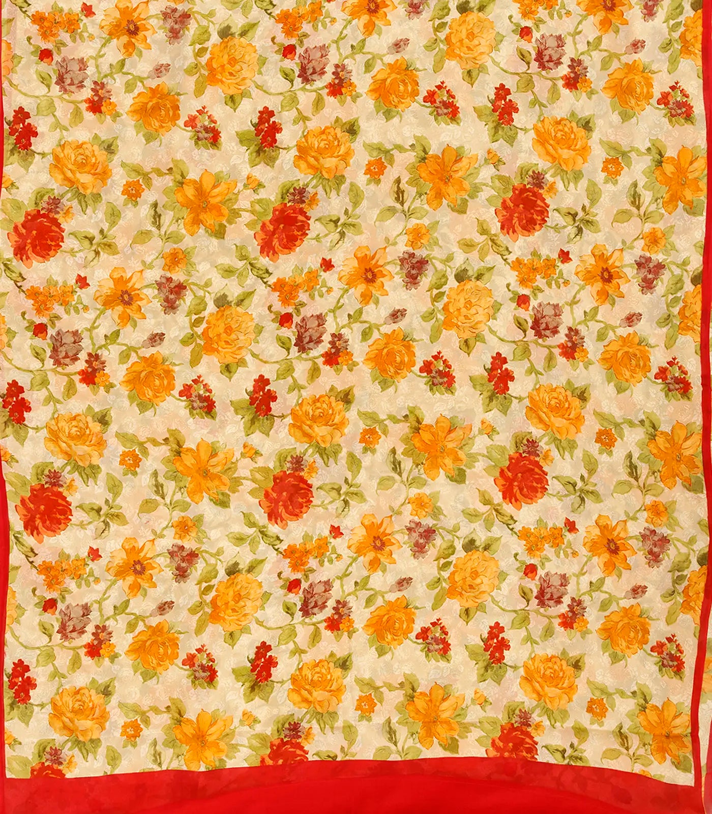 Cream Georgette Printed Silk Saree With Floral Motifs-Cream