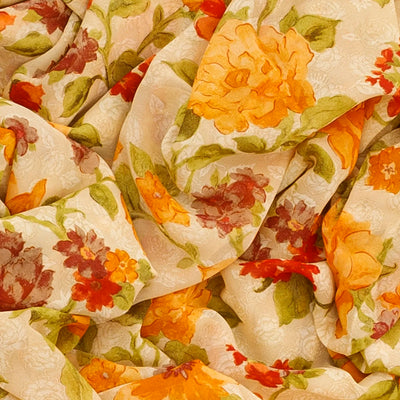 Cream Georgette Printed Silk Saree With Floral Motifs-Cream