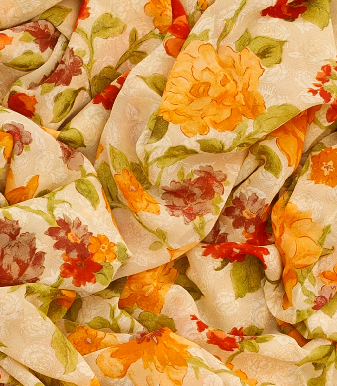 Cream Georgette Printed Silk Saree With Floral Motifs-Cream