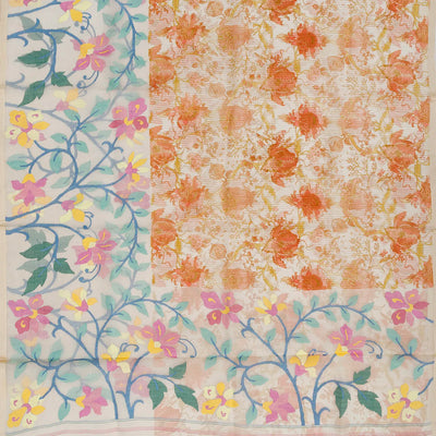 White Handloom Banarasi Jamdhani Printed Organza Saree-White