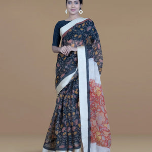 Multi Colour Woven Organza Printed Silk Saree With Cream Border-Multi Colour