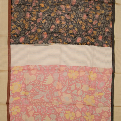 Multi Colour Woven Organza Printed Silk Saree With Cream Border-Multi Colour