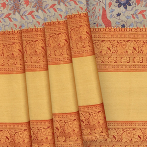 Grey Printed Chiniya Silk Saree With Zari Border-Grey