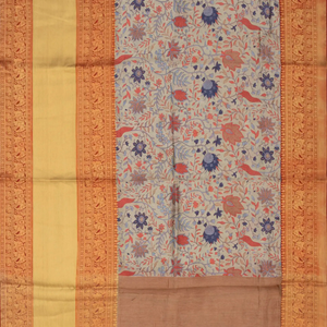 Grey Printed Chiniya Silk Saree With Zari Border-Grey