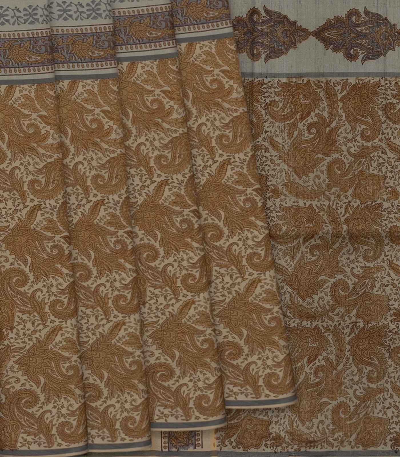 Grey Printed Half & Half Silk Saree With Floral Motifs-Grey