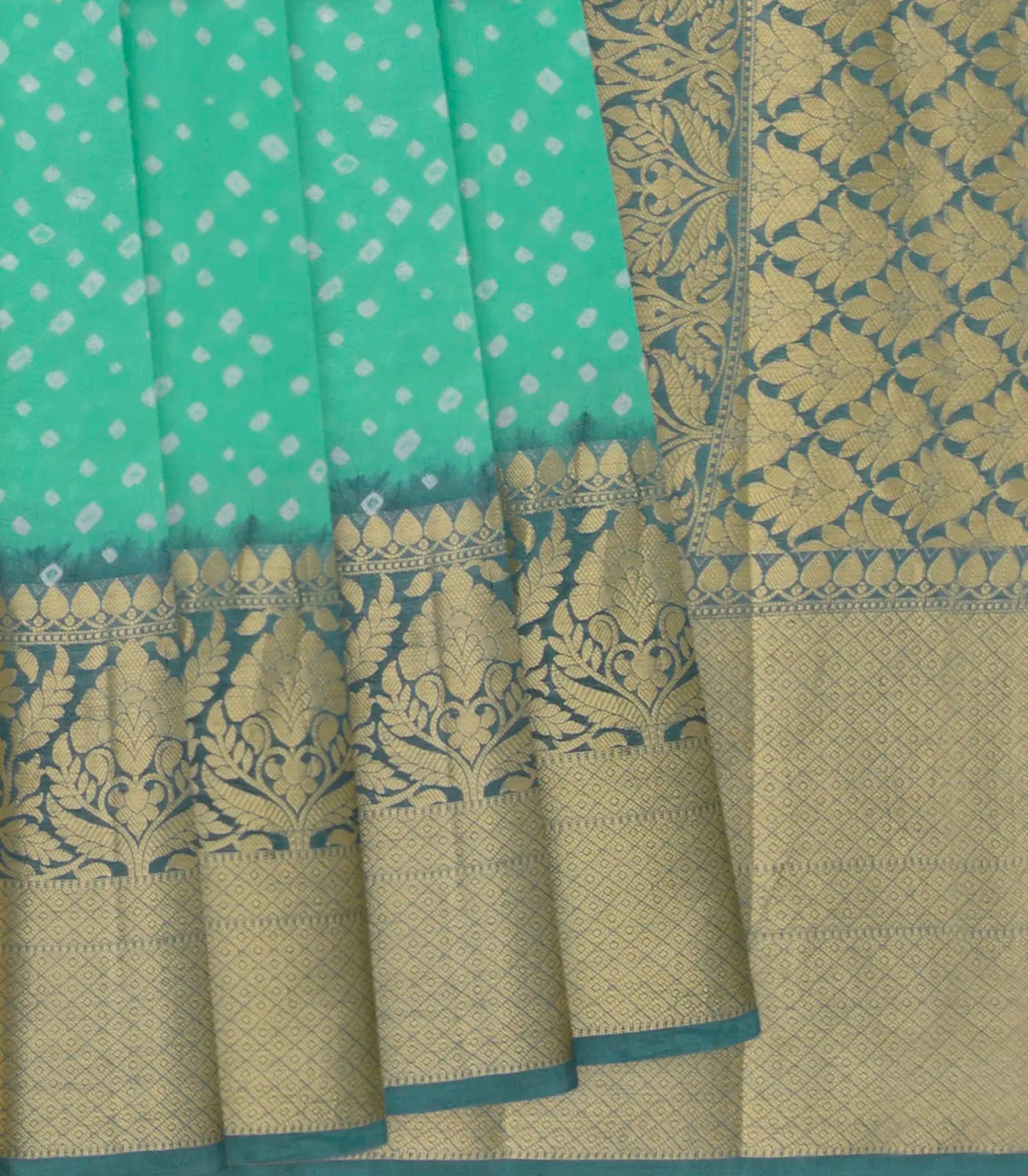 Turquoise Printed Chiniya Silk Saree With Floral Motifs in Border-Turquoise