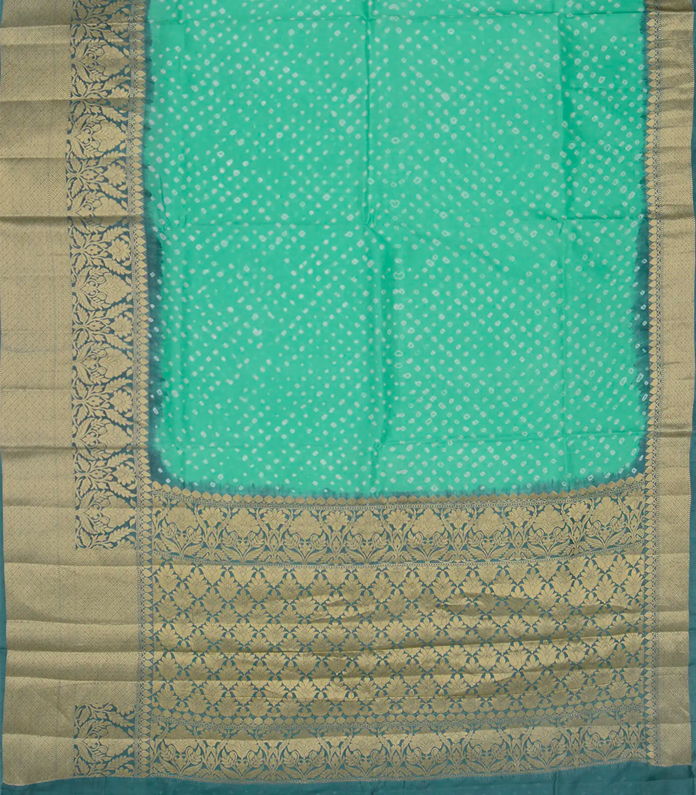 Turquoise Printed Chiniya Silk Saree With Floral Motifs in Border-Turquoise