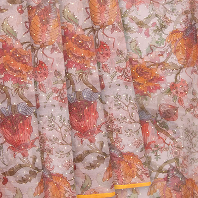 Taupe Printed Organza Silk Saree With Floral Motifs-Taupe