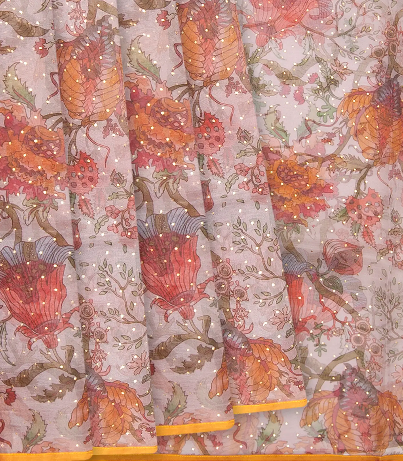 Taupe Printed Organza Silk Saree With Floral Motifs-Taupe