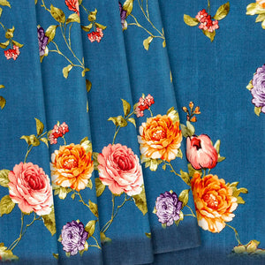 Blue Printed Crepe Silk Saree With Floral Prints-Blue