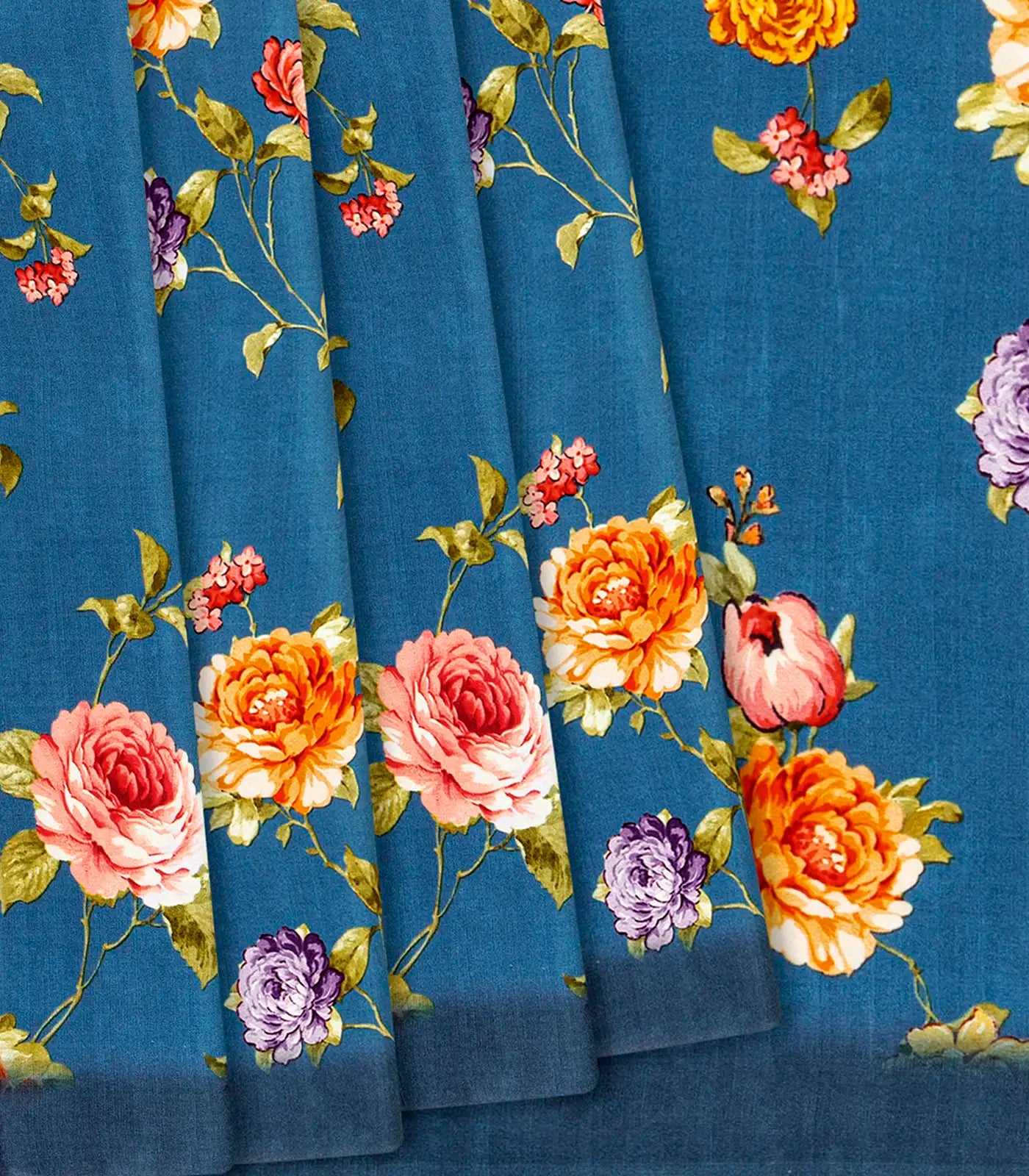 Blue Printed Crepe Silk Saree With Floral Prints-Blue