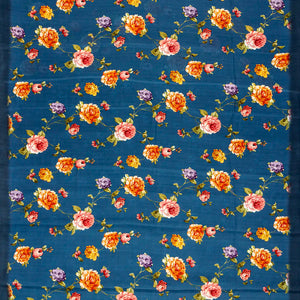 Blue Printed Crepe Silk Saree With Floral Prints-Blue