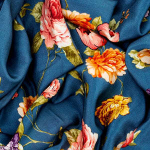 Blue Printed Crepe Silk Saree With Floral Prints-Blue