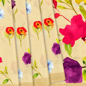 Sandal Printed Crepe Silk Saree With Floral Motif Prints-Sandal