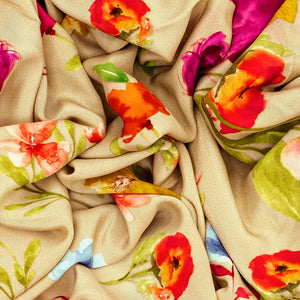 Sandal Printed Crepe Silk Saree With Floral Motif Prints-Sandal