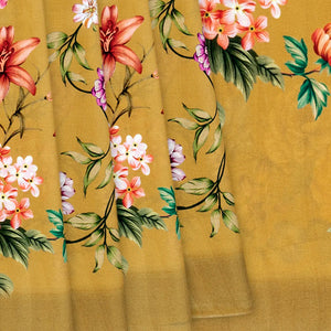 Sage Green Printed Crepe Silk Saree With Rose Floral Motifs Prints-Sage Green