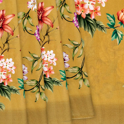 Sage Green Printed Crepe Silk Saree With Rose Floral Motifs Prints-Sage Green