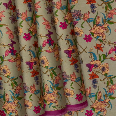 Taupe Handwoven Satin Silk Saree With Printed Floral Motifs -Taupe