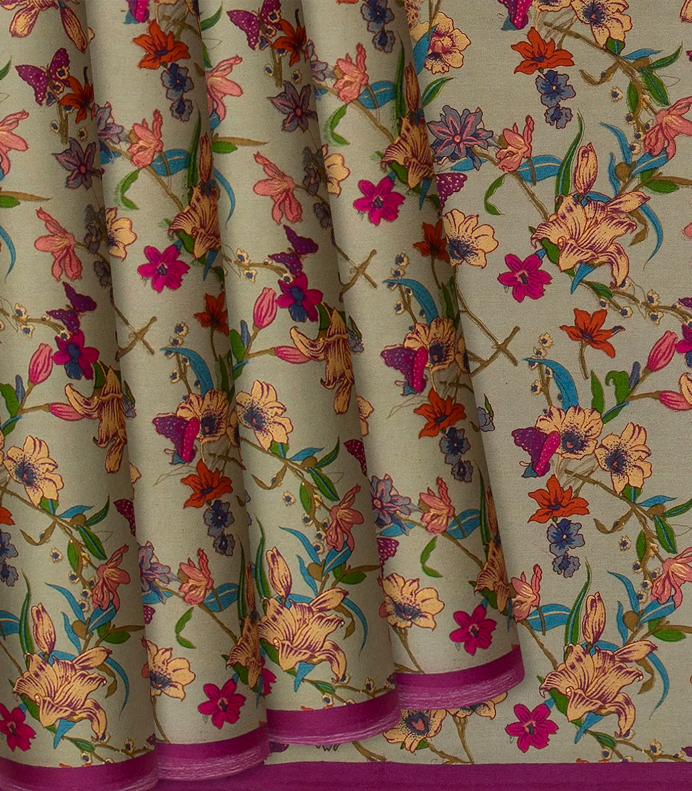 Taupe Handwoven Satin Silk Saree With Printed Floral Motifs -Taupe