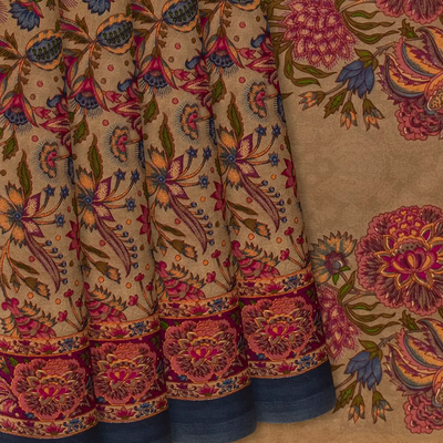 Beige Handwoven Crepe Silk Saree With Printed Floral Motifs -Beige