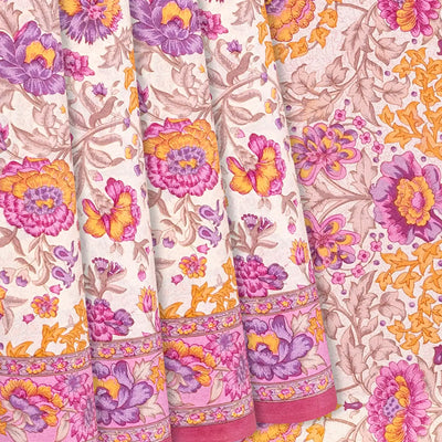 White Handwoven Crepe Silk Saree With Pink Printed Floral Motifs -White