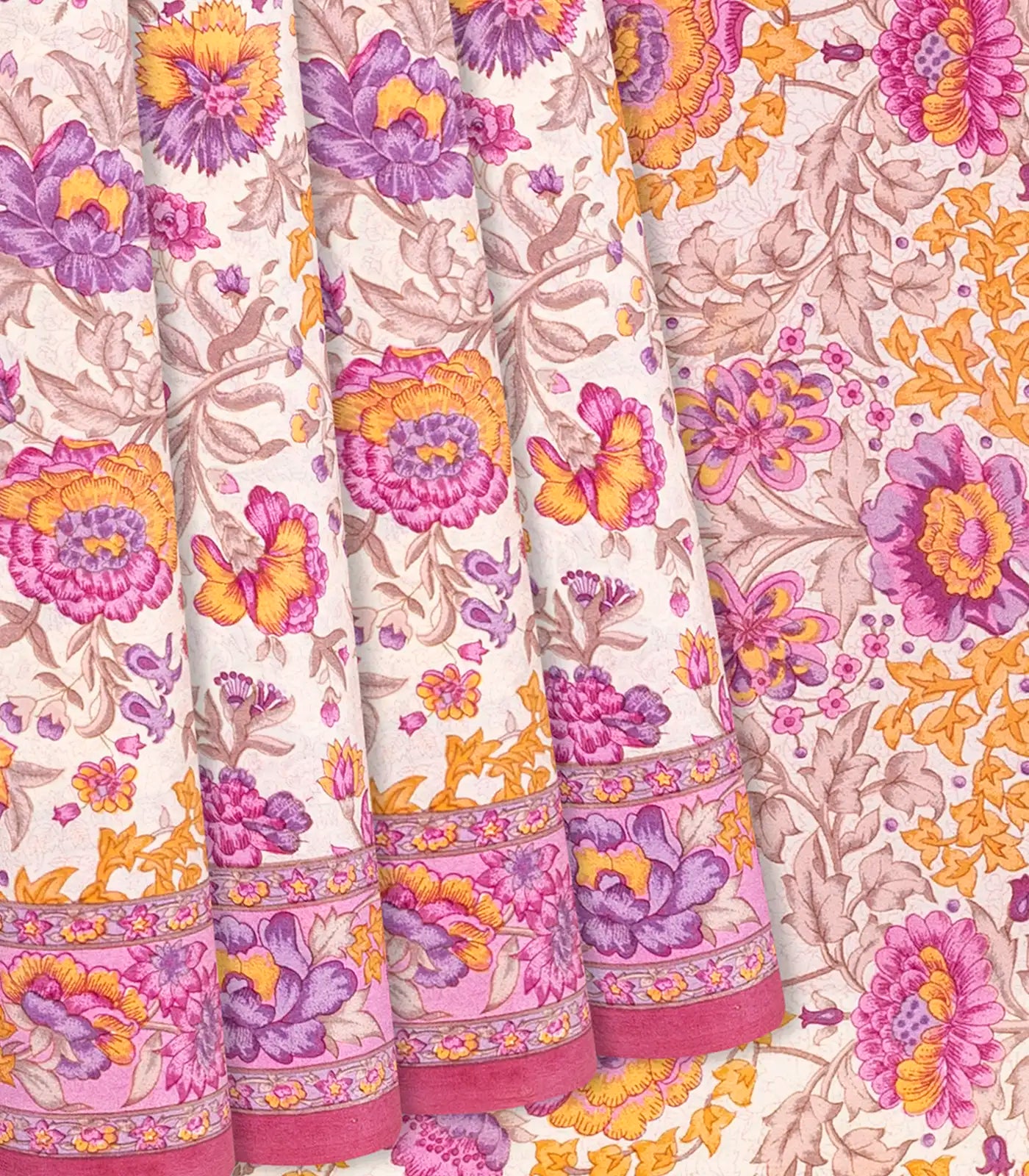 White Handwoven Crepe Silk Saree With Pink Printed Floral Motifs -White