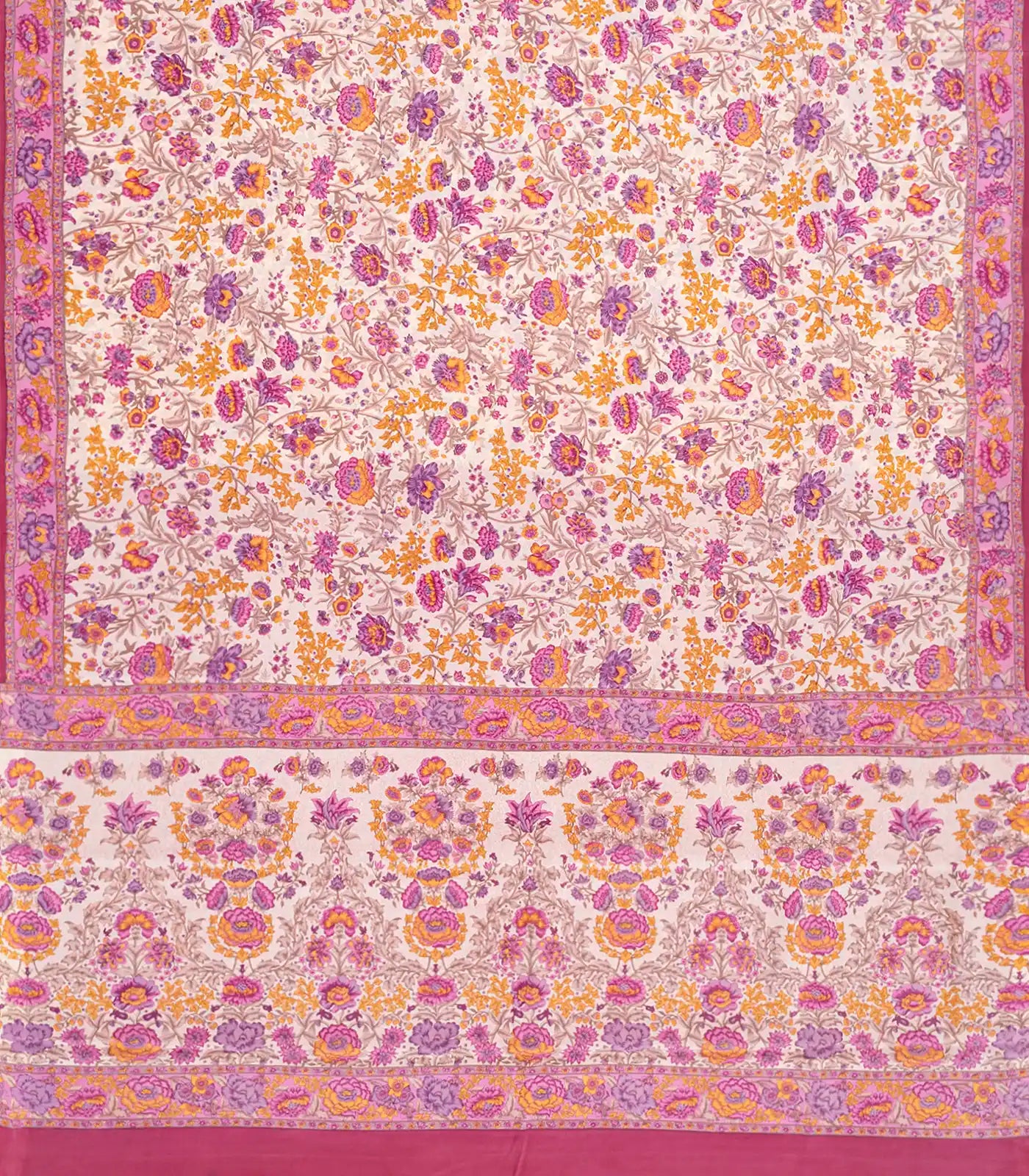 White Handwoven Crepe Silk Saree With Pink Printed Floral Motifs -White