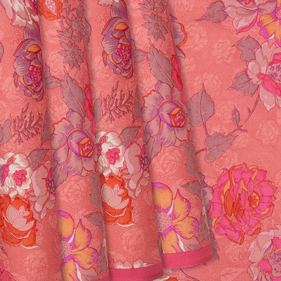 Pink Handwoven Satin Silk Saree With Printed Floral Motifs -Pink