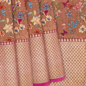 Brown Woven Moonga Tussar Silk Saree With Printed Floral Motifs -Brown