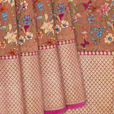 Brown Woven Moonga Tussar Silk Saree With Printed Floral Motifs -Brown