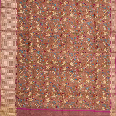 Brown Woven Moonga Tussar Silk Saree With Printed Floral Motifs -Brown