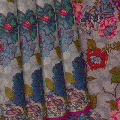 Grey Woven Chiffon Silk Saree With Printed Floral Motifs-Grey