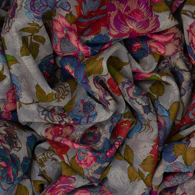 Grey Woven Chiffon Silk Saree With Printed Floral Motifs-Grey