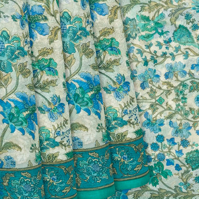 Off White Woven Chiffon Silk Saree With Printed Floral Motifs-Off White