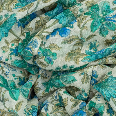 Off White Woven Chiffon Silk Saree With Printed Floral Motifs-Off White