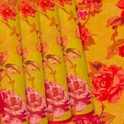 Mustard Woven Chiffon Silk Saree With Printed Floral Motifs-Mustard