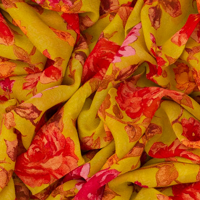 Mustard Woven Chiffon Silk Saree With Printed Floral Motifs-Mustard