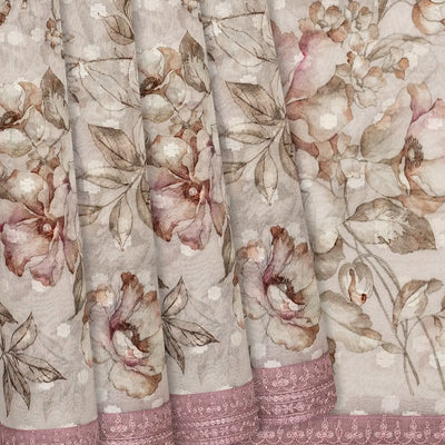 Off White Printed Organza Silk Saree With Floral Motifs-Off White