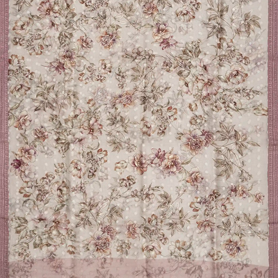 Off White Printed Organza Silk Saree With Floral Motifs-Off White