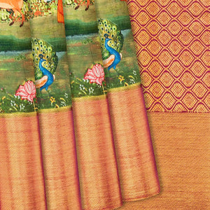 Steel Blue Handloom Kanchipuram Silk Saree With Printed Peacock Motifs-Steel Blue
