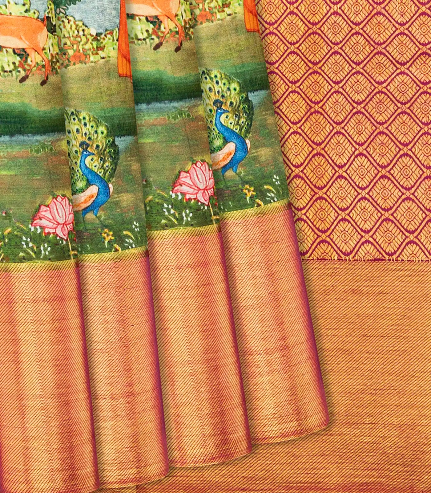 Steel Blue Handloom Kanchipuram Silk Saree With Printed Peacock Motifs-Steel Blue