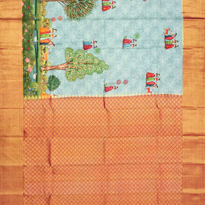 Steel Blue Handloom Kanchipuram Silk Saree With Printed Peacock Motifs-Steel Blue