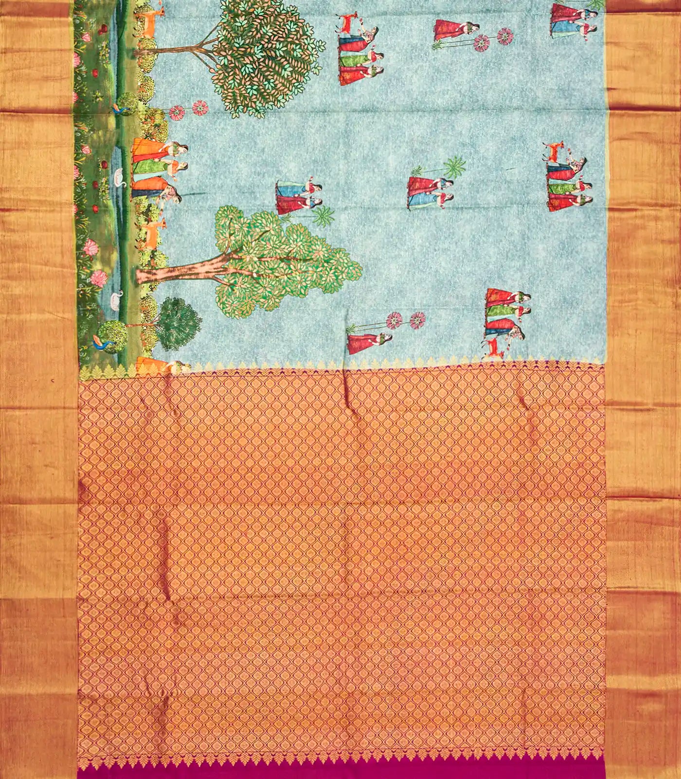 Steel Blue Handloom Kanchipuram Silk Saree With Printed Peacock Motifs-Steel Blue