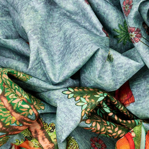 Steel Blue Handloom Kanchipuram Silk Saree With Printed Peacock Motifs-Steel Blue