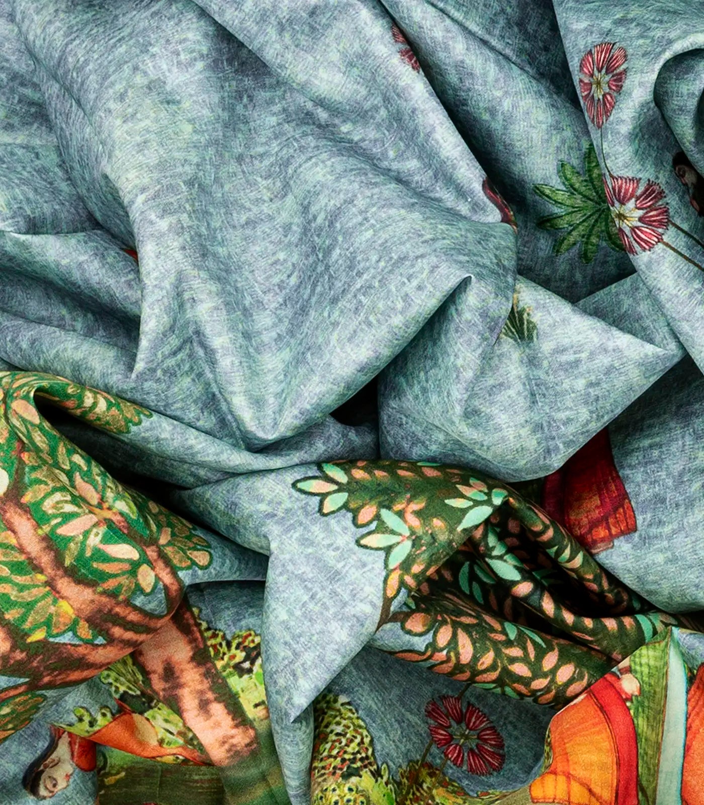 Steel Blue Handloom Kanchipuram Silk Saree With Printed Peacock Motifs-Steel Blue