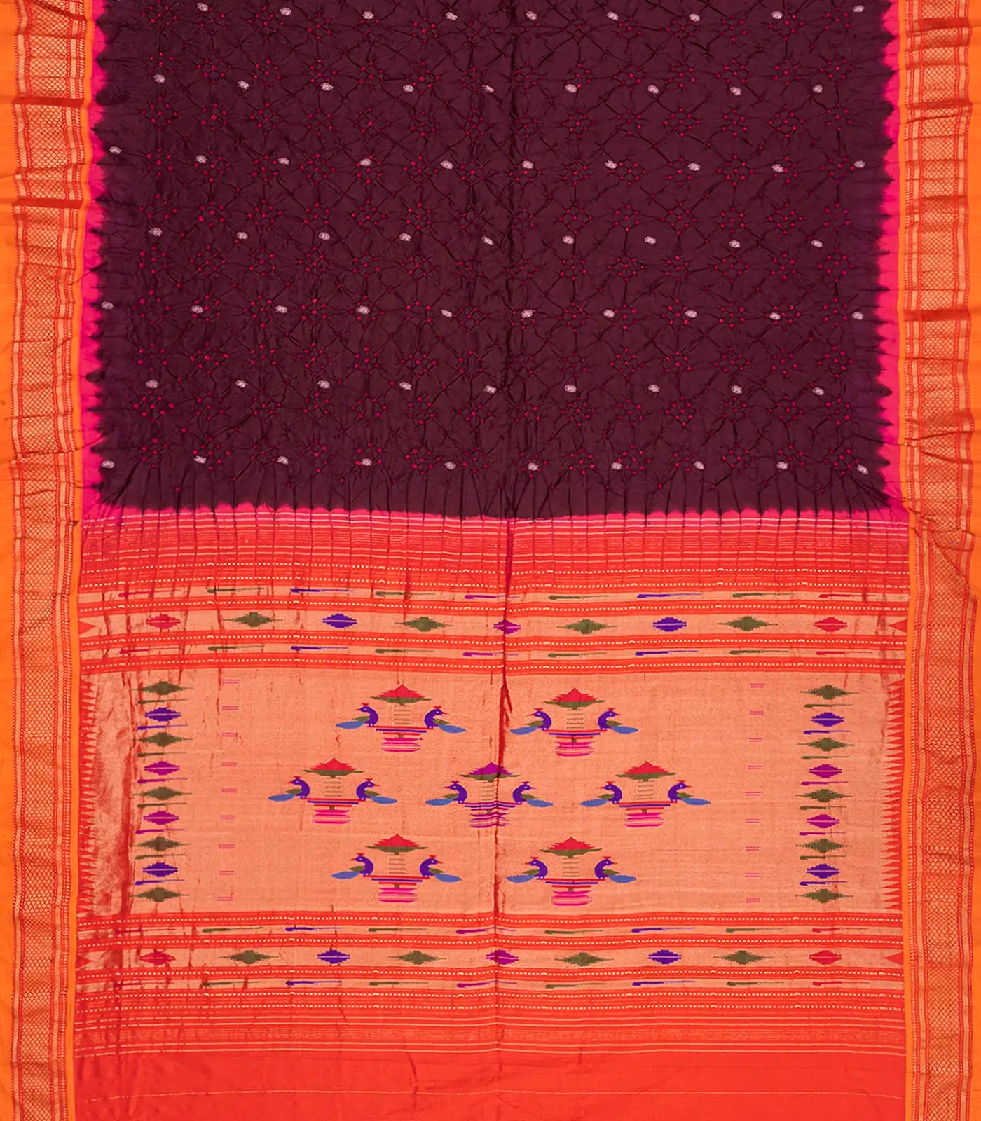 Maroon Handwoven Bandhani Silk Saree With Paithani Pallu-Maroon