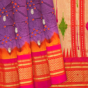 Lilac Handwoven Bandhani Silk Saree With Paithani Pallu-Lilac