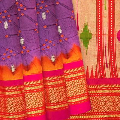 Lilac Handwoven Bandhani Silk Saree With Paithani Pallu-Lilac